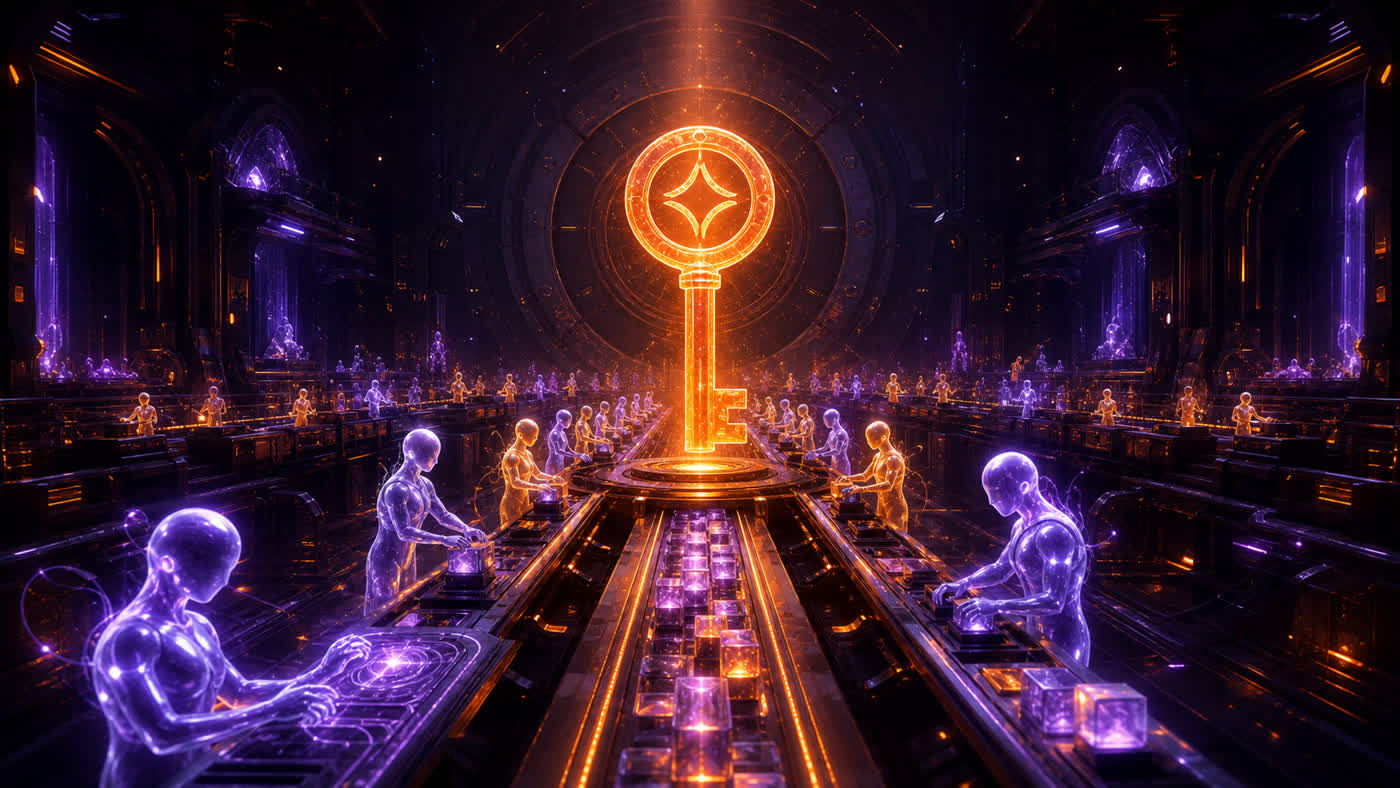 A vast vault-like factory of glowing AI-agent figures working a production line, with a giant orange ownership key rising at the center — a channel factory of agents you own, not rent.
