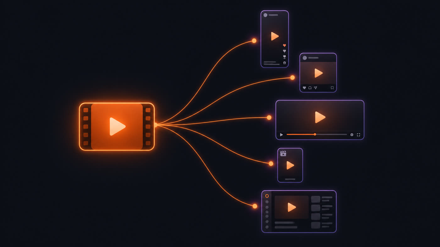 One glowing video fanning out along five lines to five different platform screens — one build, five destinations.