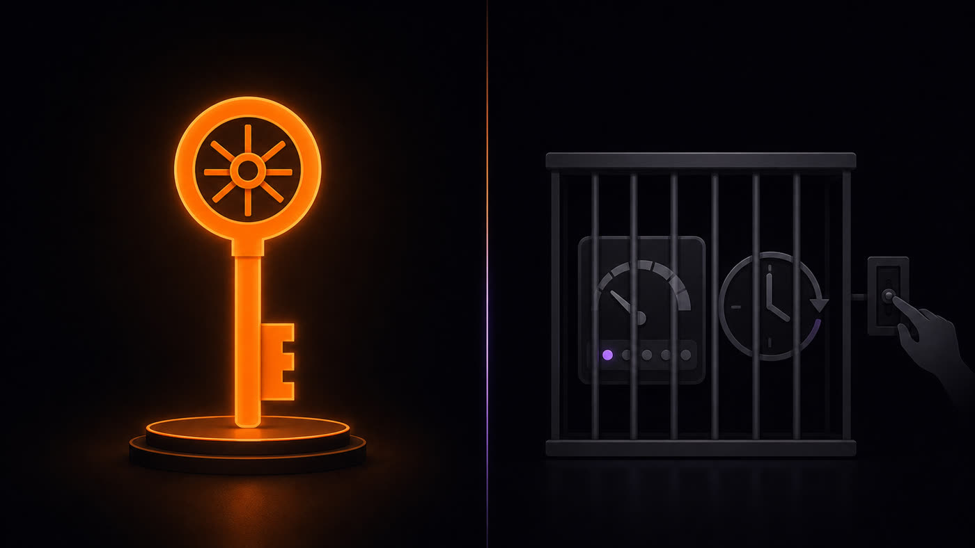 A glowing orange key and vault, owned and permanent, beside a dim rented subscription meter locked behind bars — own your agent vs rent a tool.
