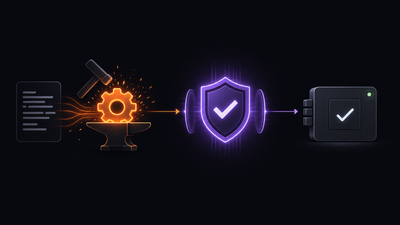 A skill forged from plain text on an anvil, passed through a safety shield with a checkmark, then installed — make, check, install.