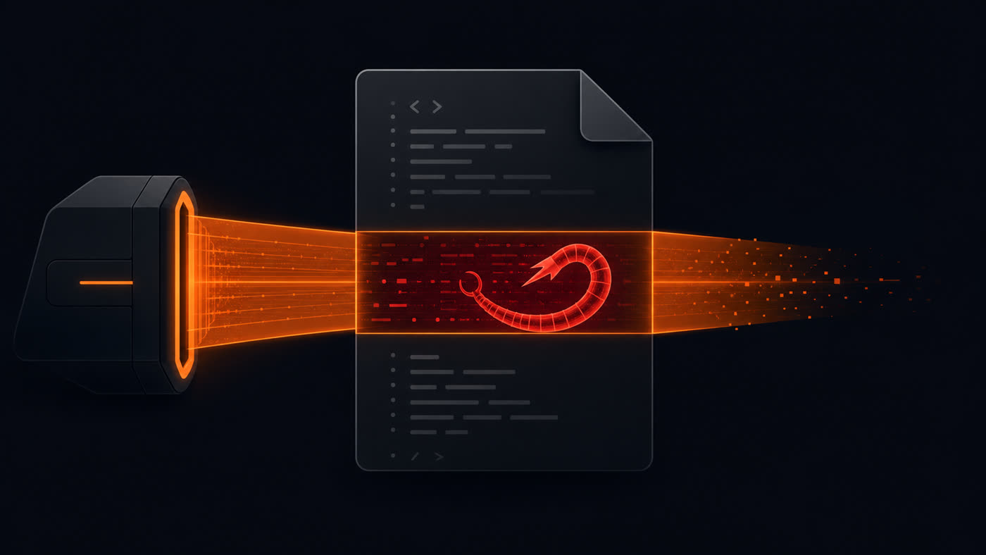 A scanner beam x-raying a code file and exposing a hidden red malicious hook buried inside it.