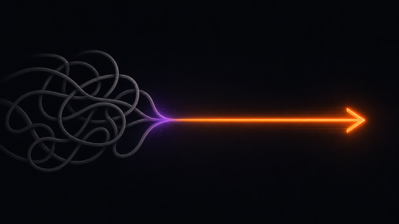 A tangled grey mess of dead-end paths resolving into one clear glowing orange arrow forward.