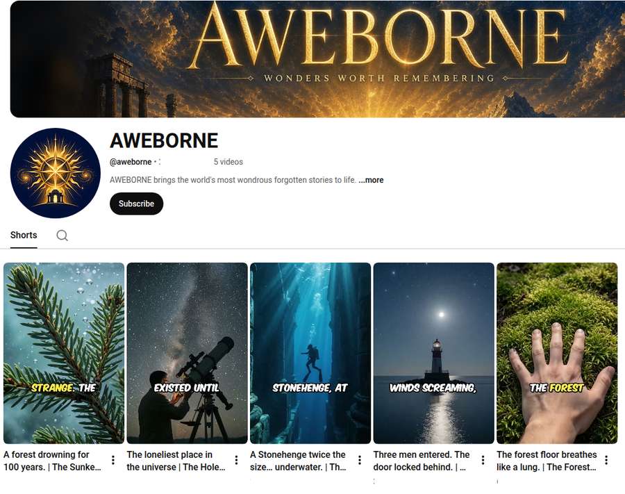 AWEBORNE shorts wall — a faceless mystery channel our agent runs