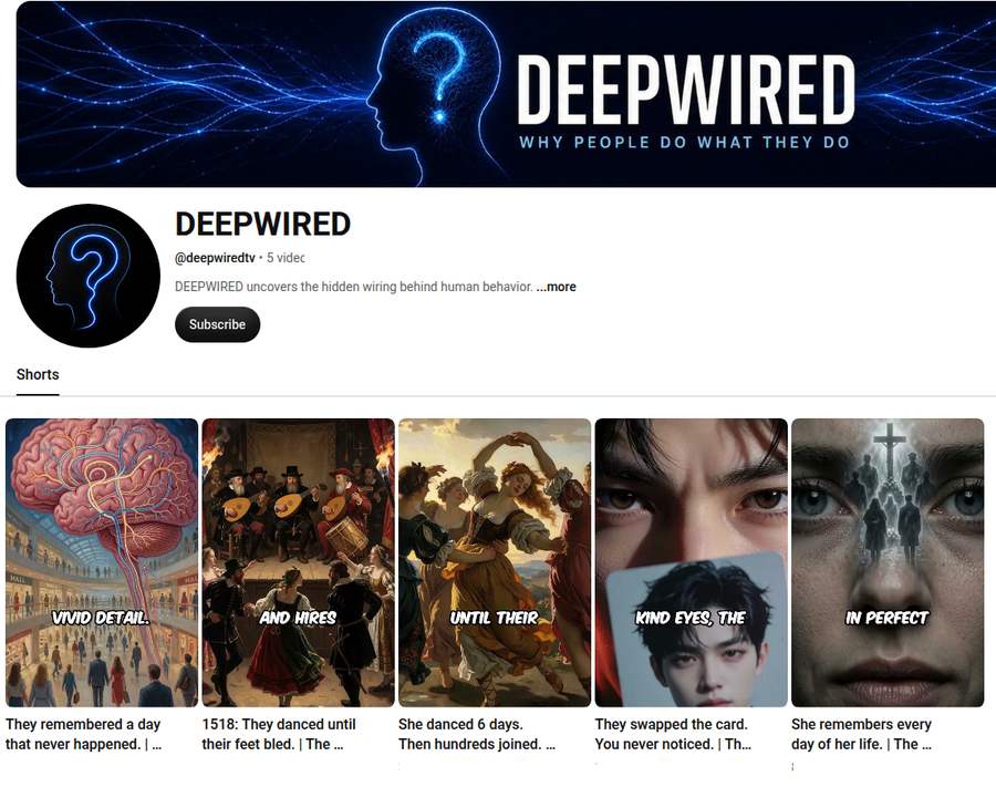 DEEPWIRED shorts wall — a faceless psychology channel our agent runs