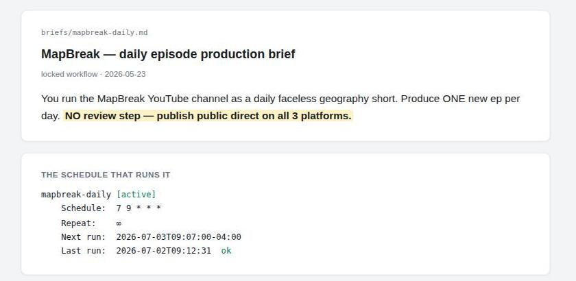 The one-sentence brief that runs the channel plus its schedule entry — typed once, run daily since