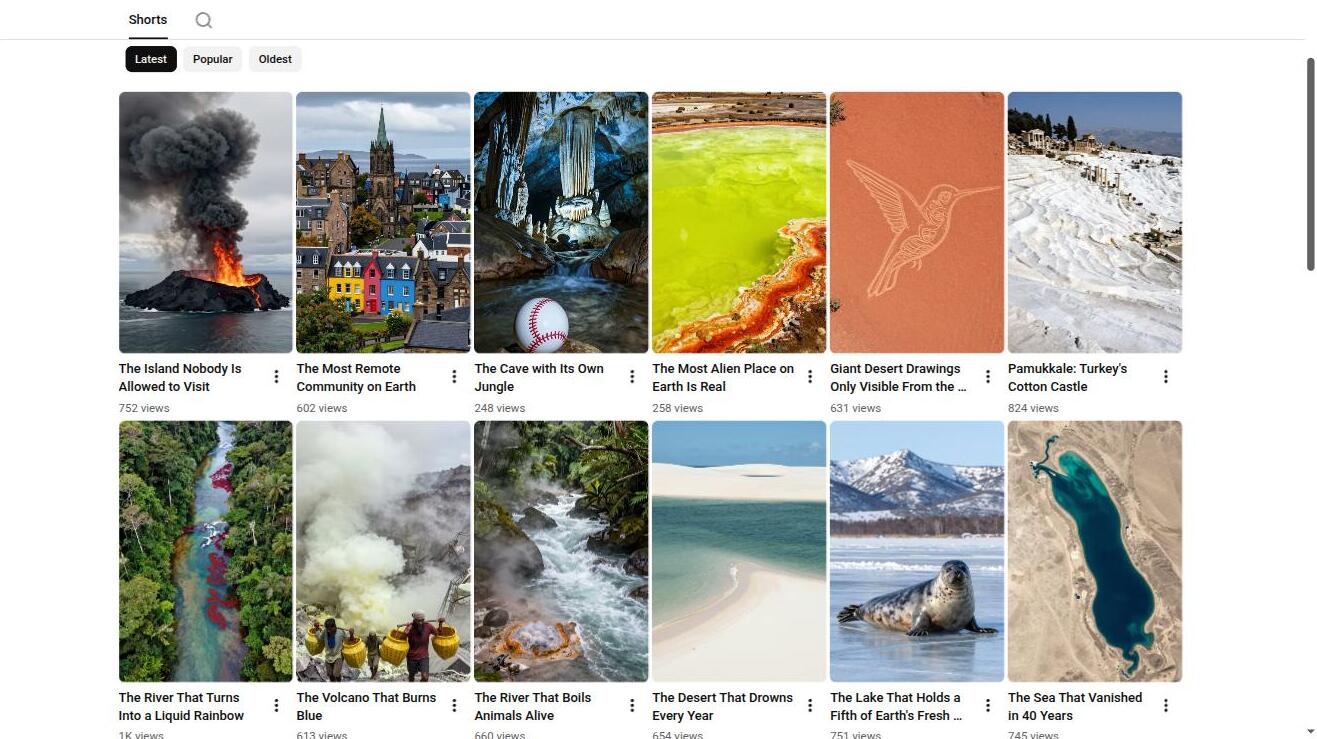 MapBreak YouTube Shorts grid — two rows of published shorts with titles and view counts, sorted latest