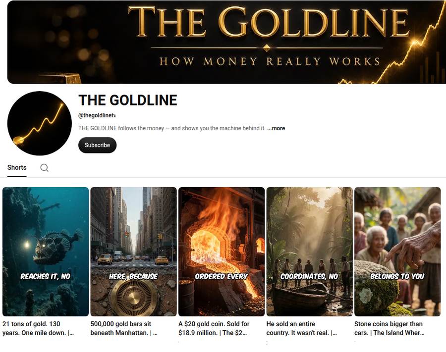 GOLDLINE shorts wall — a faceless money channel our agent runs