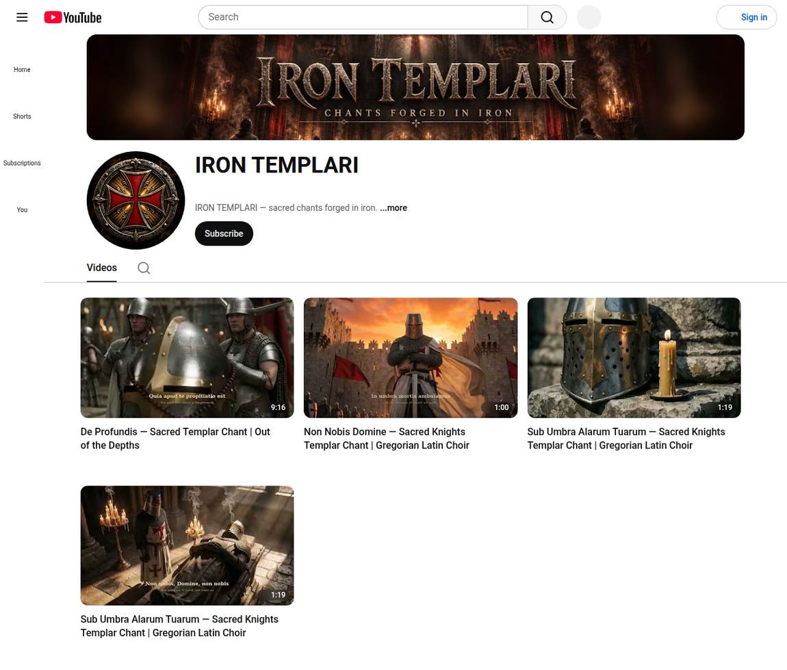 IRON TEMPLARI YouTube channel — cinematic banner and video thumbnails