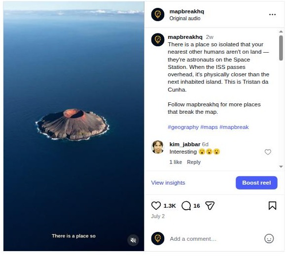 MapBreak Instagram reel — Tristan da Cunha, 1.3K likes and 16 comments on @mapbreakhq