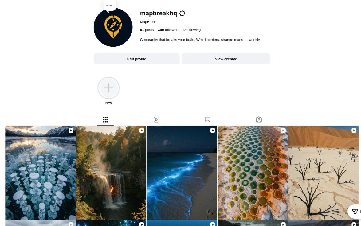 MapBreak Instagram profile @mapbreakhq — 51 posts, 390 followers, a grid of geography reels
