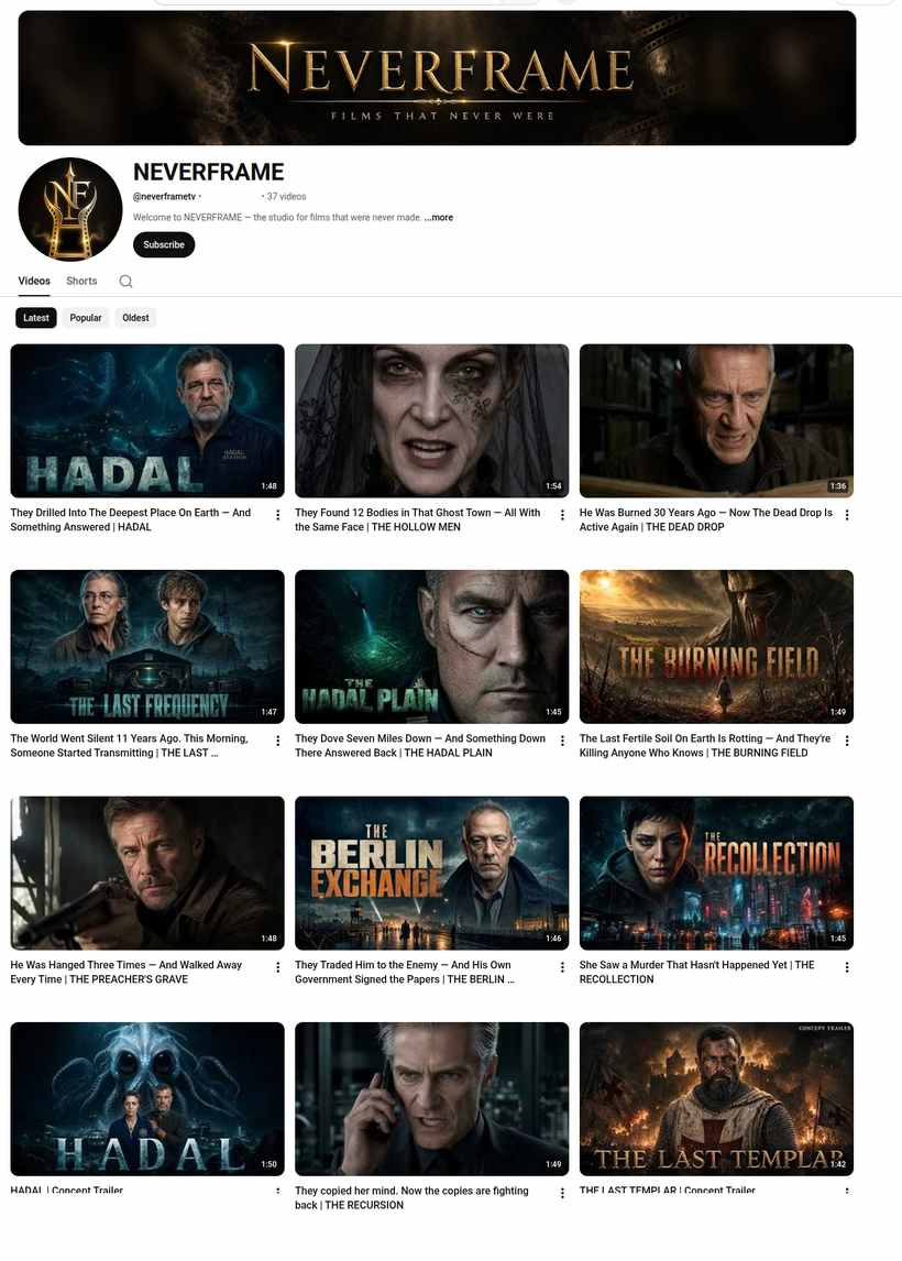 NEVERFRAME /videos grid — 12 cinematic concept trailers, each built and posted by the agent