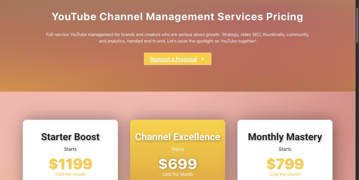 Agency pricing — full-service YouTube channel management, $699 to $1,199 CAD per month, recurring
