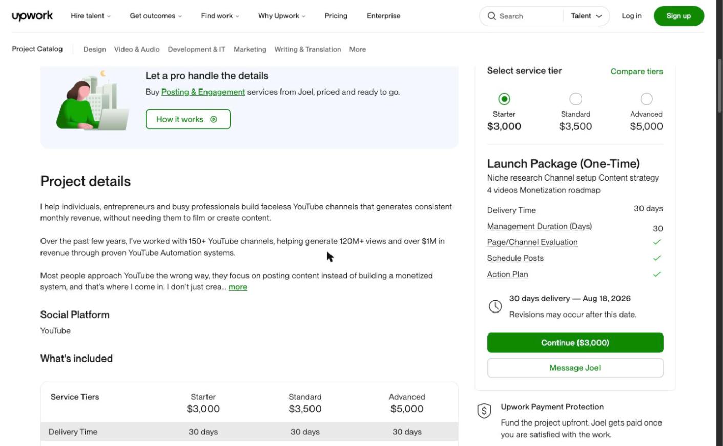 Upwork listing — faceless YouTube automation channel with expert management, $3,000 to $5,000