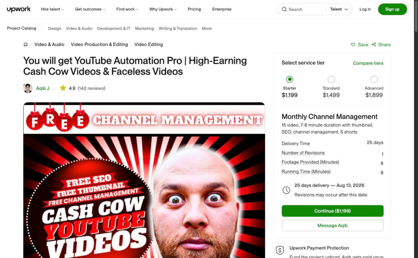 Upwork listing — a full month of done-for-you YouTube channel management, $1,199 to $1,899